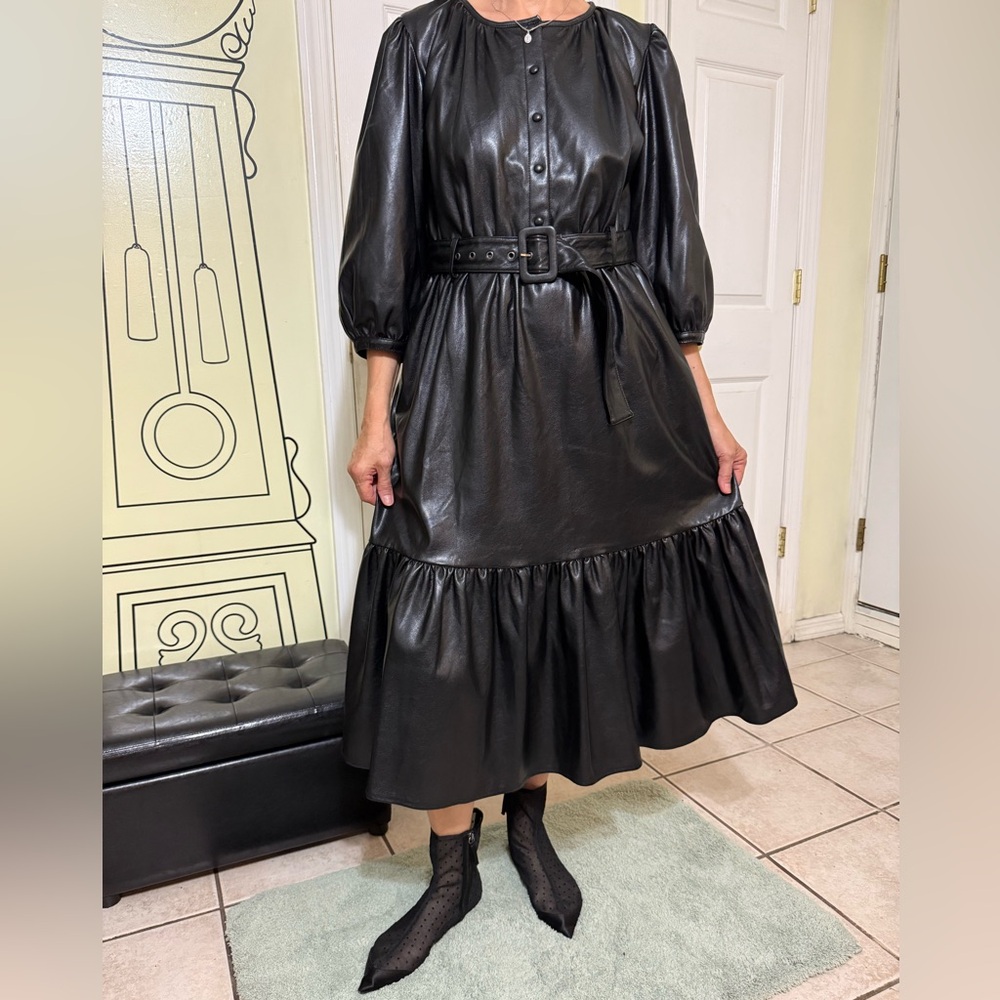 Reserved Black Faux Leather Midi Dress M